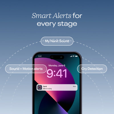 smart alerts (sound and motion alerts, cry detection, my nanit sound, and baby standing alerts) for every stage - showing notification example on phone