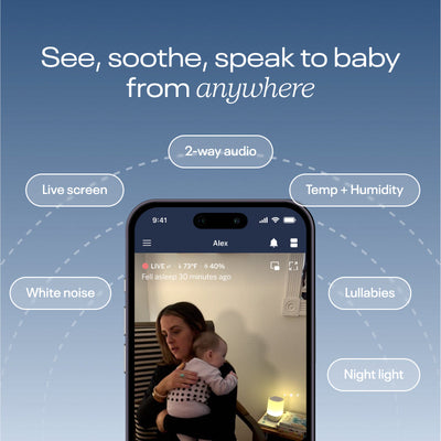 Image of see, soothe, speak to baby from anywhere including white noise, live screen, 2-way audio, nature sounds, lullabies, night light and showing screenshot of mother holding baby in nanit pajamas through nanit app
