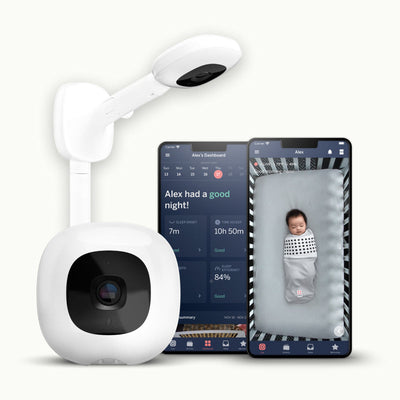 nanit pro camera and wall mount showing nanit app