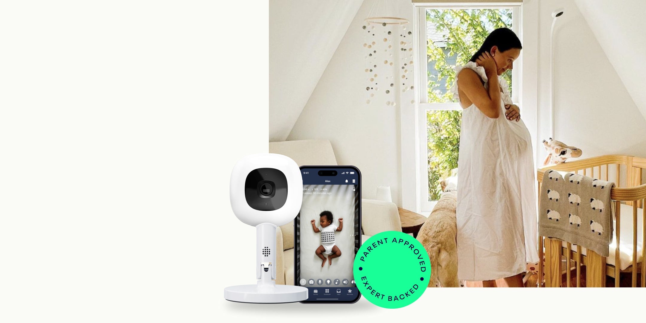 pregnant woman with hand on belly with nanit flex stand in foreground and mobile displaying nanit app