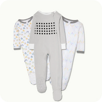 nanit breathing wear pajamas in grey, and Nanit Sleep Wear Pajamas in Sweet Rainbows and Chevron Raindrops
