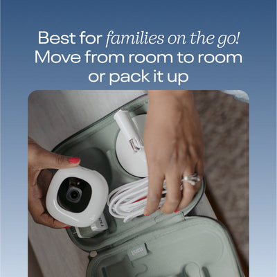 Image of best for families on the go! move from room to room or pack it up - showing image of pro camera and flex stand in nanit green travel case 