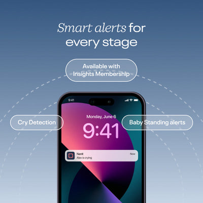 smart alerts (available with Insights Membership, cry detection, and baby standing alerts) for every stage - showing notification example on phone