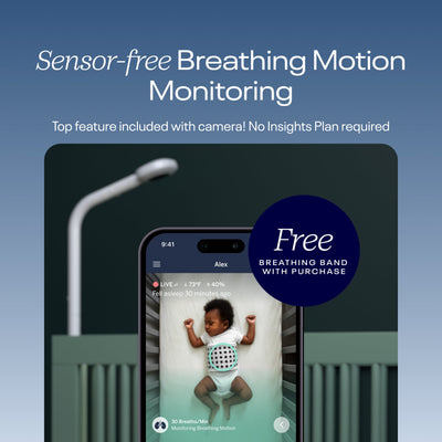 Image of sensor-free breathing motion monitoring (free breathing band with Nanit Camera purchase) - baby wearing nanit breathing band on nanit app with tracking 