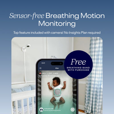 Image of sensor-free breathing motion monitoring (free breathing band with Nanit Camera purchase) - baby wearing nanit breathing band on nanit app with tracking 